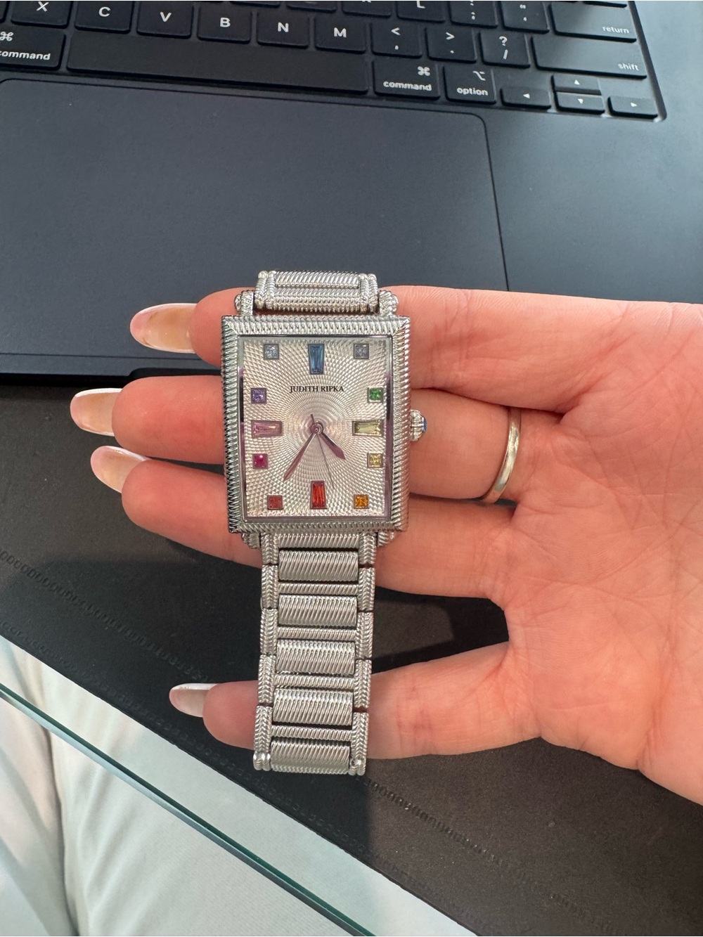 Judith Ripka Silver-Tone Charley Rectangular Tank Watch w/ Rainbow Stone Markers
